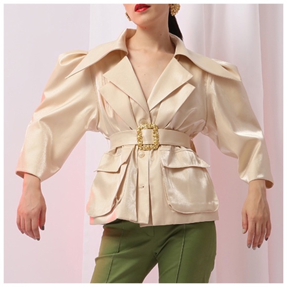 Cream Metallic Sheen Belted Jacket - Picture 3 of 15